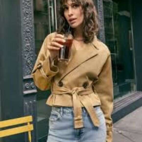 FRAME CROPPED SWING BELTED TRENCH COAT JACKET SAND S - Picture 11 of 11